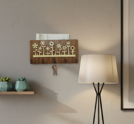 Wooden Wall Key & newspaper Holder with Floral Design